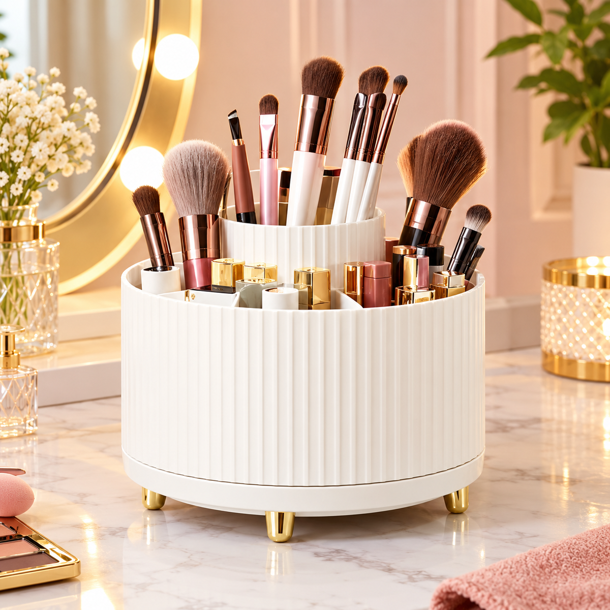 360° Rotating Makeup Organizer - 1pc Plastic Cosmetic Storage with 5 Compartments