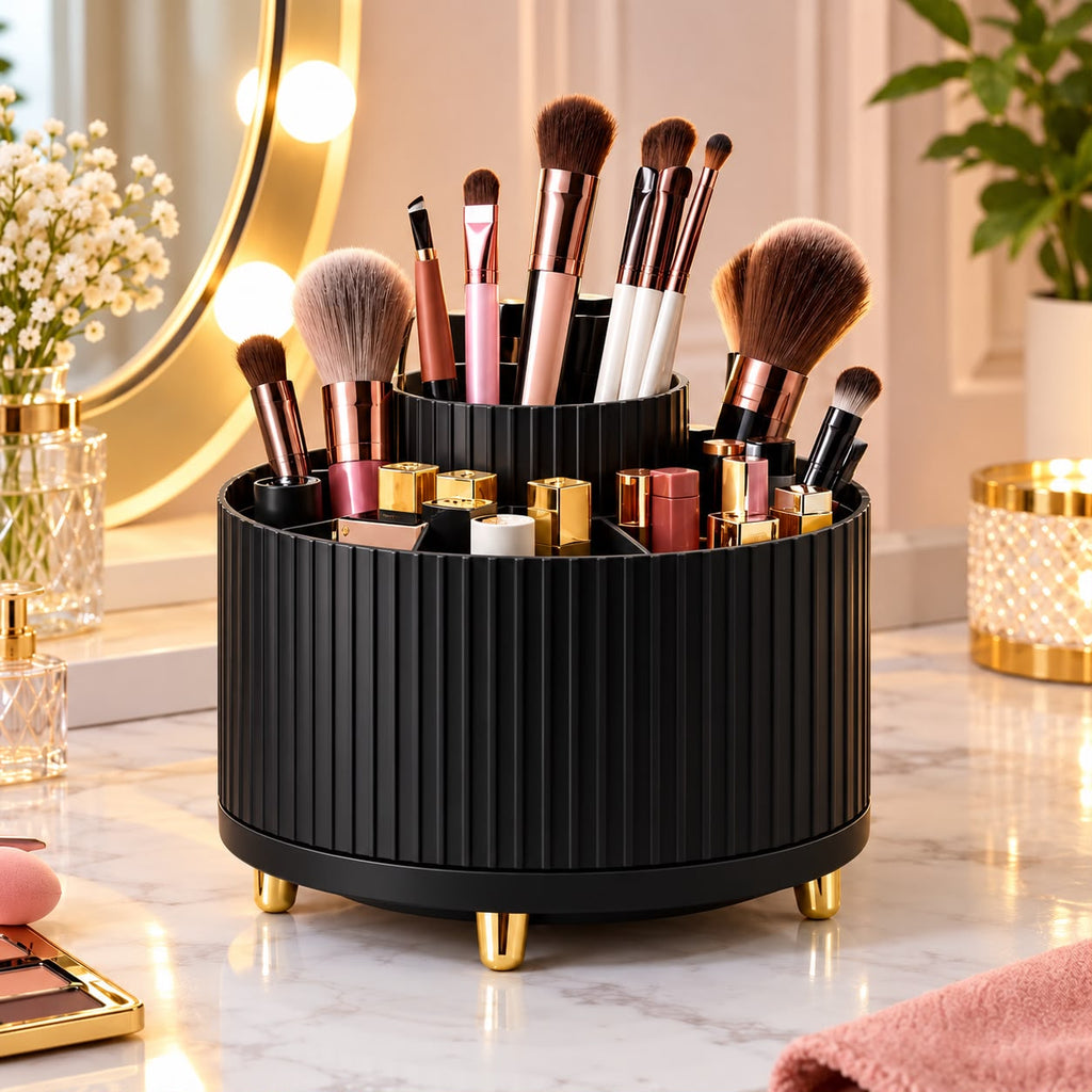 360° Rotating Makeup Organizer - 1pc Plastic Cosmetic Storage with 5 Compartments