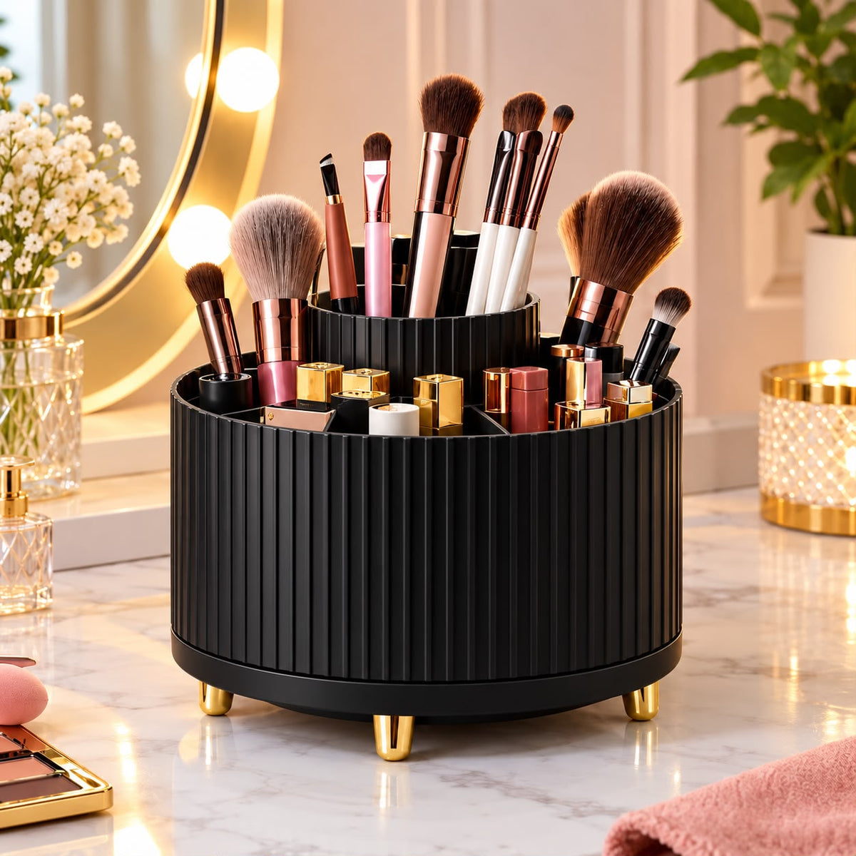 360° Rotating Makeup Organizer - 1pc Plastic Cosmetic Storage with 5 Compartments